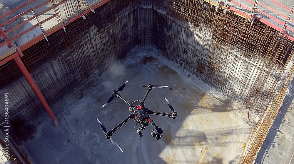 Poster a drone equipped with ai-driven inspection technology hovers above a construction site, capturing de