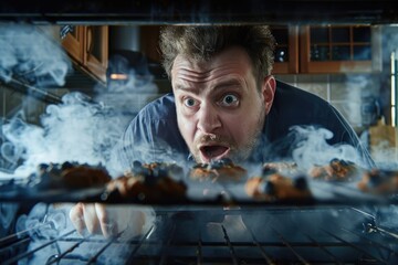 Kitchen Smoke: Shocked Man Looking at Burnt Cookies in Oven
