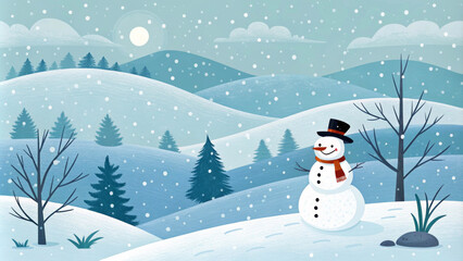A cheerful snowman with a red scarf and a black top hat stands on the hills in the middle of the softly falling snow.Landscape is characterized by bare trees and evergreen pines under cloudy skies. AI
