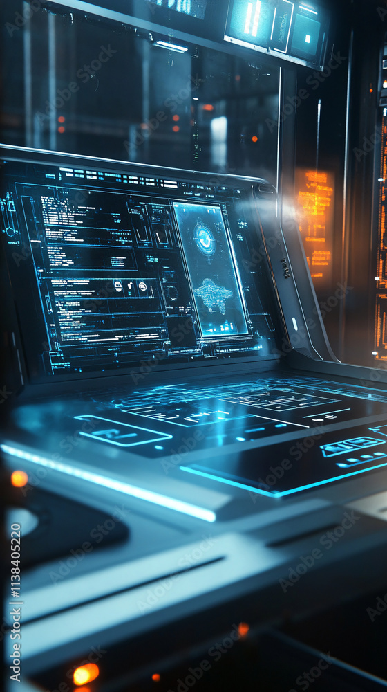 Poster a futuristic control panel glows with holographic displays, showcasing detailed data and interfaces 