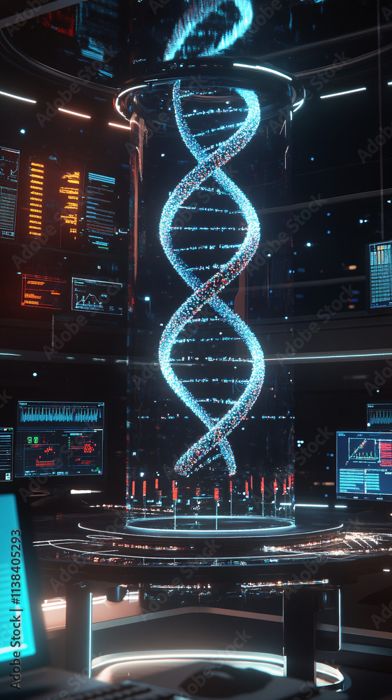 Aufkleber a futuristic lab features a glowing 3d hologram of a dna strand surrounded by advanced technology an