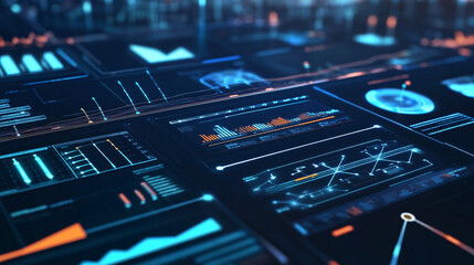 A futuristic control hub displaying smart energy management with vibrant data visualizations and graphs showcasing real-time analysis and insights
