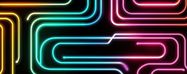 A vibrant, abstract design featuring colorful neon lines in a maze-like pattern against a dark background.