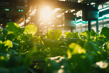 A futuristic greenhouse showcases vibrant green lettuce under bright lighting, highlighting sustainable agriculture and advanced cultivation techniques