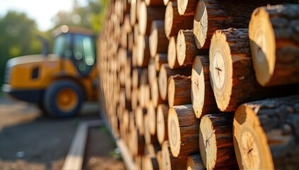 Golden Hour Lumber: A sun-drenched stack of logs awaits transport,  a yellow loader subtly blurred in the background. Rustic beauty.