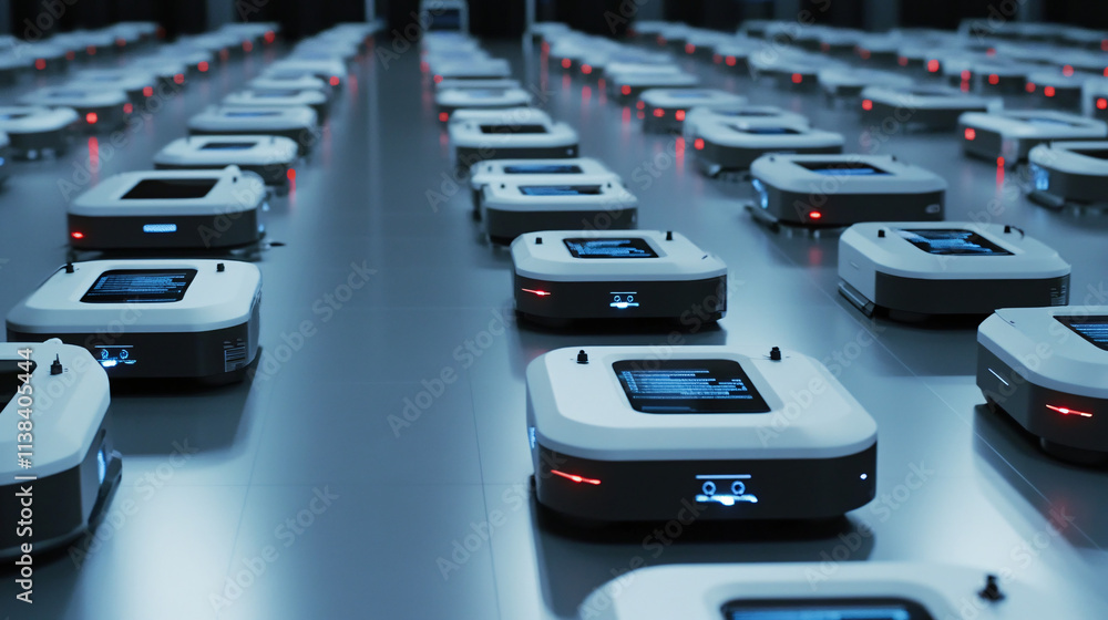 Poster a high-tech factory floor featuring autonomous robots in a symmetrical arrangement showcasing modern