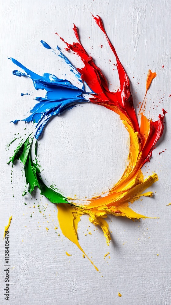 Poster vibrant splash of multi-colored paint creating a circular pattern against a textured white backgroun
