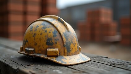 Weathered hard hat rests on aged wood, bricks blurred in background; a symbol of construction's past and enduring strength.