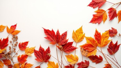 A collection of vibrant autumn leaves in various shades of red, orange, and yellow, arranged on a pristine white background, capturing the essence of the season.
