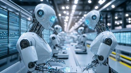 Fototapeta premium A high-tech factory floor features autonomous robots working efficiently in a modern industrial environment showcasing advanced technology and streamlined production