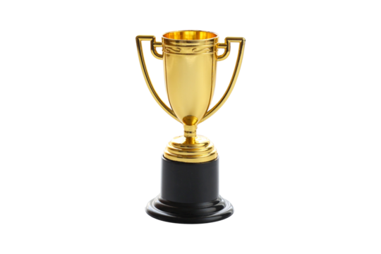 Golden trophy on a black pedestal  on white or transparent background, PNG