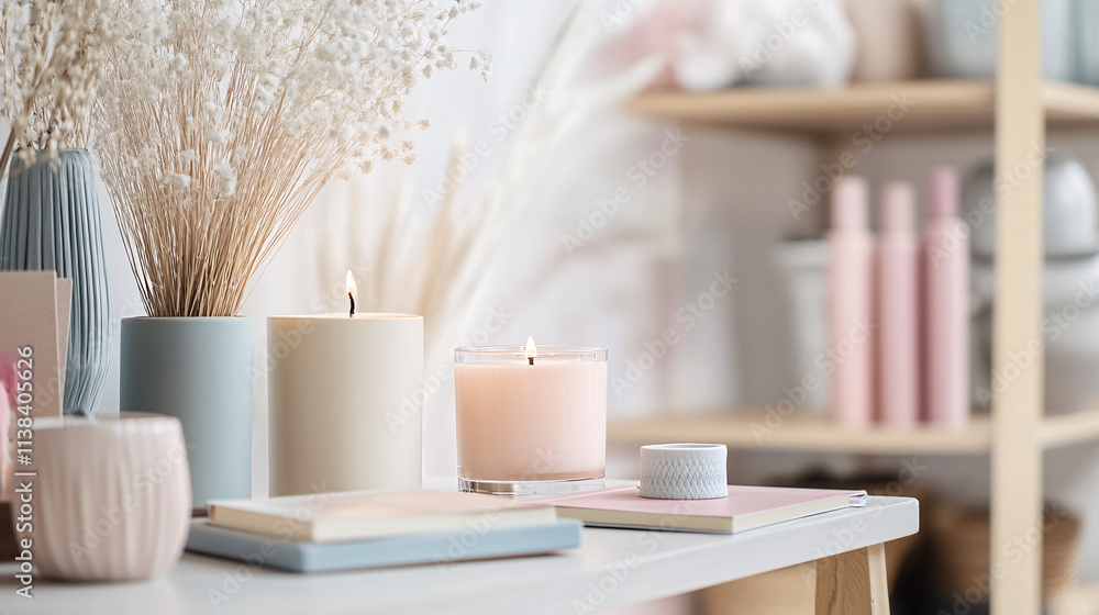 Poster a minimalistic display table features soft-colored candles, decorative vases with dried flowers, and