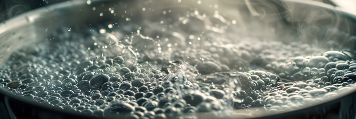 Dynamic Close-Up of Bubbling Boiling Water in Pot with Rising Steam Showcasing Intense Heat