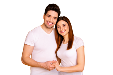 Close up photo beautiful amazing she her he him his guy lady pair holding hands arms toothy excited best emotions in love hugging stand close wear casual white t-shirts isolated yellow background