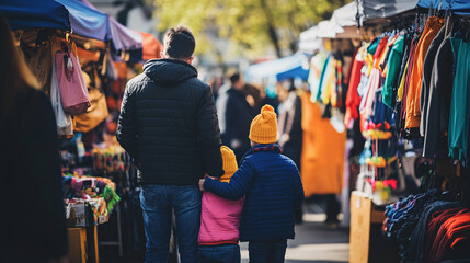 A family strolls through a vibrant market, exploring colorful stalls filled with clothing and accessories, capturing moments of togetherness and joy