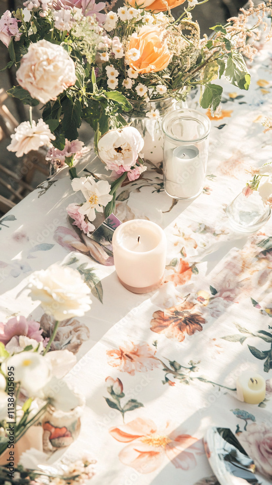 Poster a minimalistic table set with elegant floral arrangements and a soft candle creates a serene atmosph
