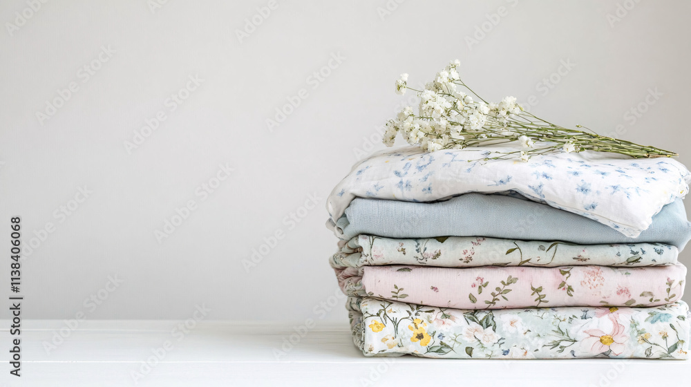 Poster a minimalistic stack of folded and patterned fabrics rests on a clean surface, accented with delicat