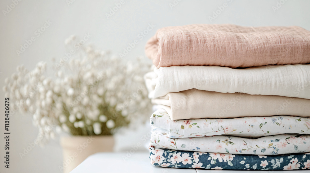 Poster a minimalistic stack of neatly folded fabrics with soft colors and a floral design, accompanied by a