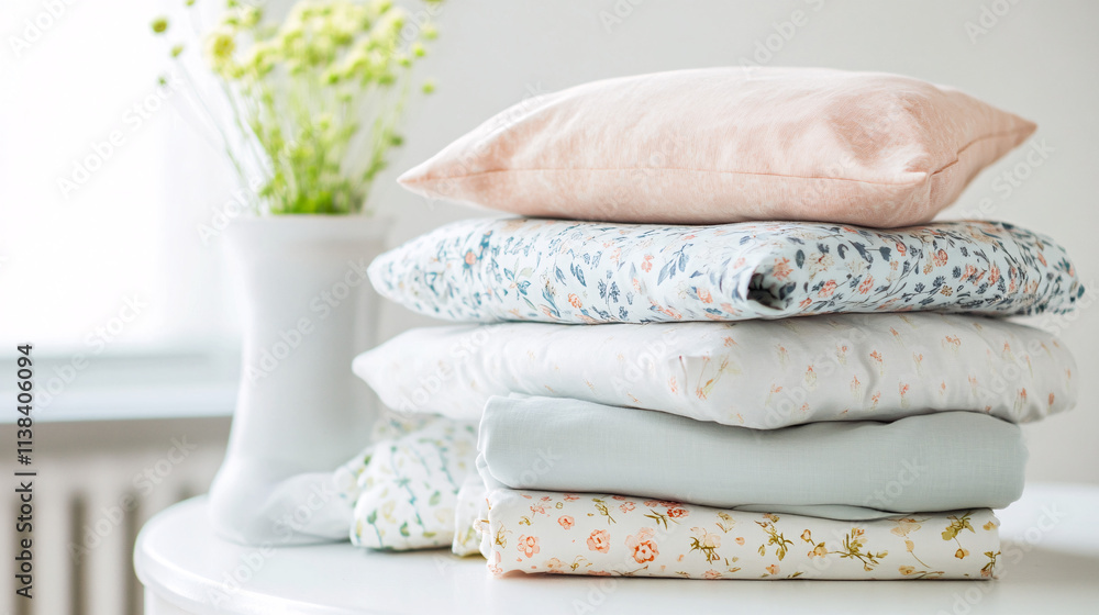 Aufkleber a stack of neatly folded bed linens in various floral patterns with soft pastel colors on a white ta