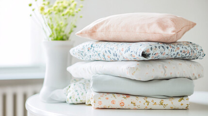 A stack of neatly folded bed linens in various floral patterns with soft pastel colors on a white table next to a vase of small flowers