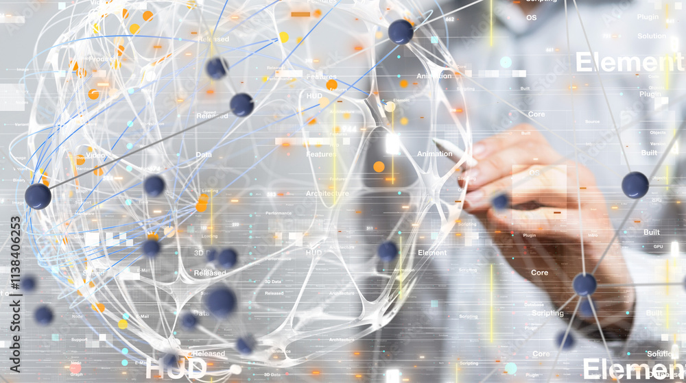Poster Global network. Blockchain. 3D illustration. Neural networks and artificial intelligence. Abstract