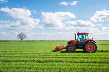 Obraz premium A minimalistic stock photo of a tractor working in a green field under a blue sky with fluffy clouds and a lone tree in the distance