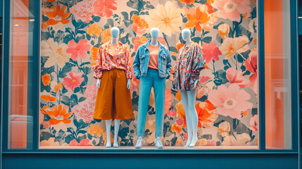 A minimalistic display showcases vibrant store mannequins dressed in colorful outfits against a floral backdrop creating a stylish retail atmosphere