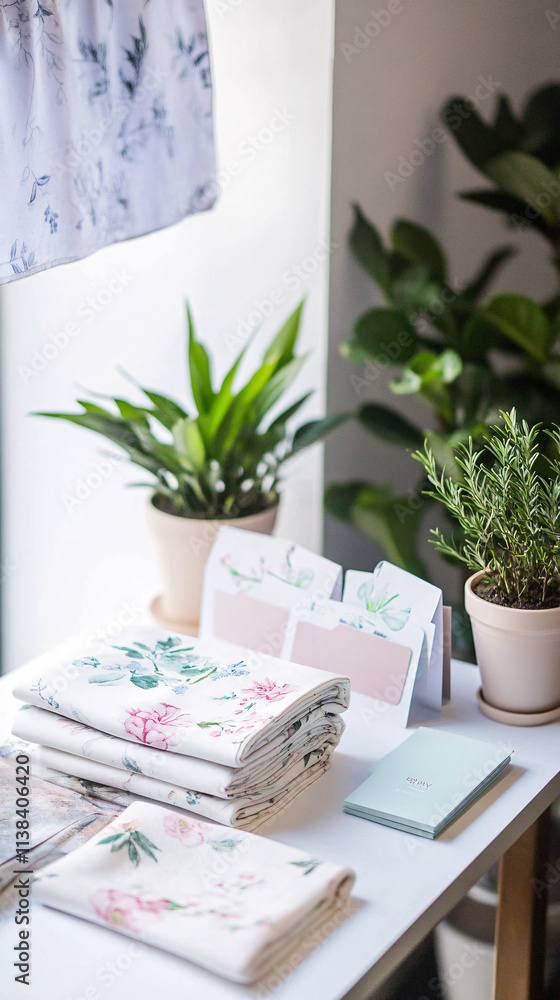 Poster a minimalistic setup features elegant floral-patterned towels arranged neatly on a table surrounded 