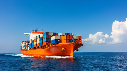 Large cargo ship on open sea under blue sky with scattered clouds.