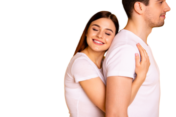 Close up side profile photo beautiful she her he him his guy lady pair hold tight close hands arms husband strong back eyes closed emotional wear casual white t-shirts isolated yellow background