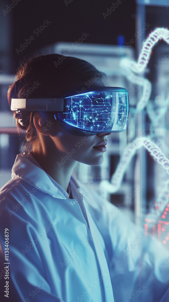 Poster a researcher wearing augmented reality glasses analyzes data visualizations in a futuristic laborato
