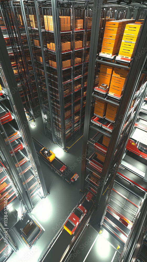 Poster a tall conveyor system in a modern warehouse with towering shelves filled with orange boxes and auto