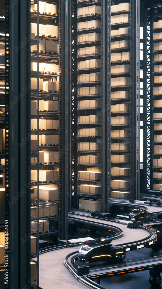 Poster a tall conveyor system in a warehouse features sleek design and advanced technology for efficient lo
