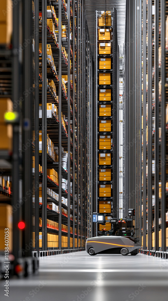Poster a tall conveyor system operates efficiently in a warehouse, surrounded by rows of neatly stacked pac