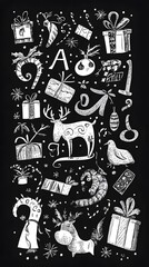 35. Letters A-Z featuring gifts with holiday-themed designs, black and white background