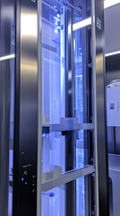 A tall cryogenic storage unit with a sleek design and glowing blue lights showcasing high-tech biotech storage solutions