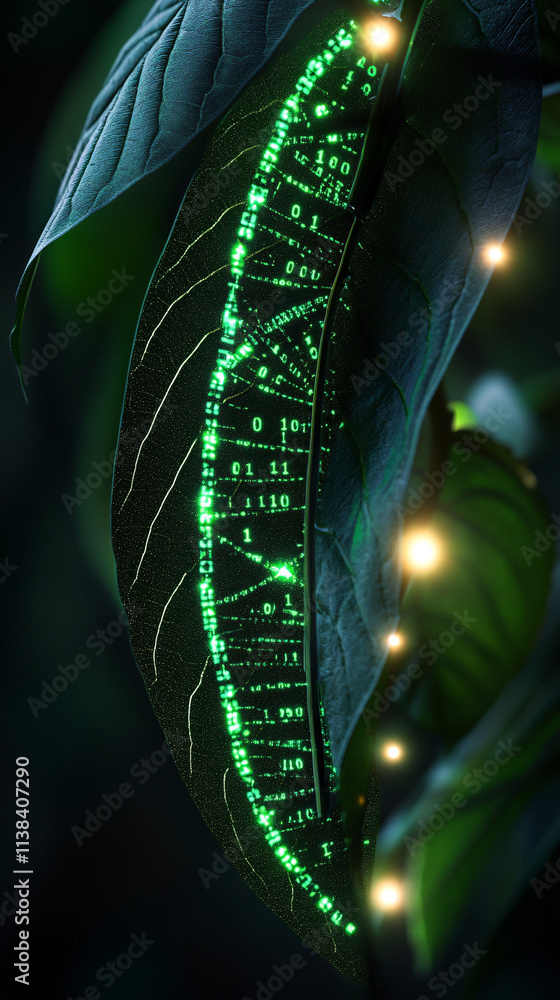 Poster a vertical rendering of a glowing genetic code displayed on a leaf, showcasing a blend of nature and
