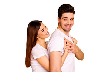 Close up side profile photo beautiful she her he him his guy lady pair hold tight close hands arms...