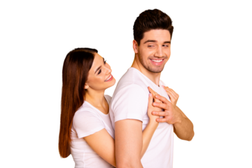 Close up side profile photo beautiful she her he him his guy lady pair hold tight close hands arms husband strong back chest overjoyed emotional wear casual white t-shirts isolated yellow background