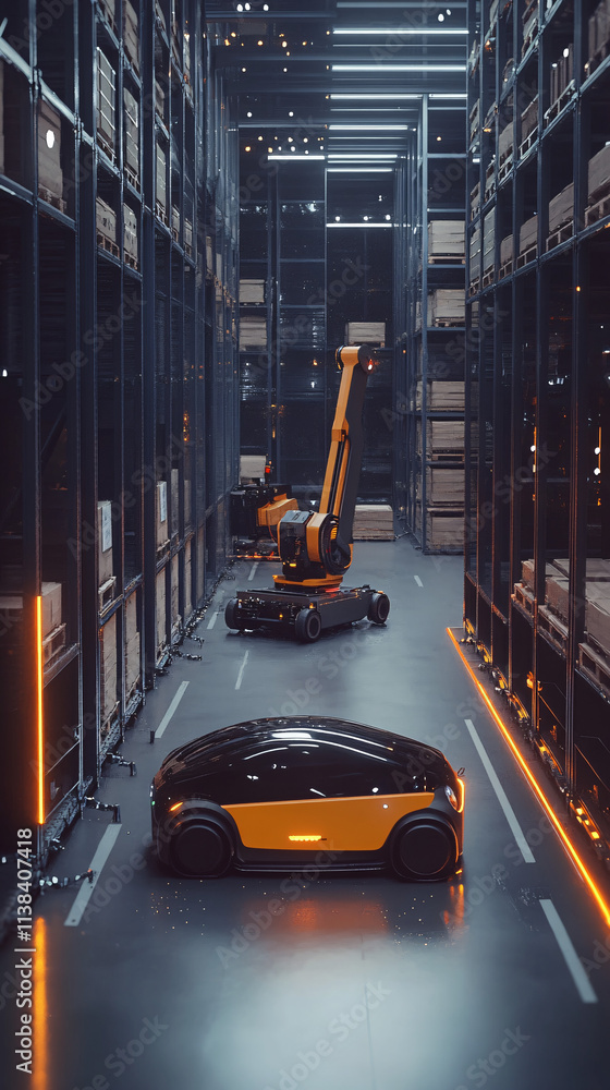 Poster a vertical shot of an autonomous ai-operated vehicle in a modern warehouse with robotic arms and sta