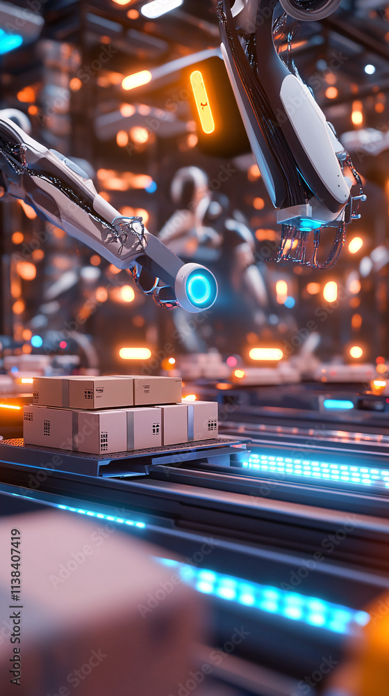 Aufkleber a vertical shot of an automated logistics center featuring advanced robotic arms sorting packages in