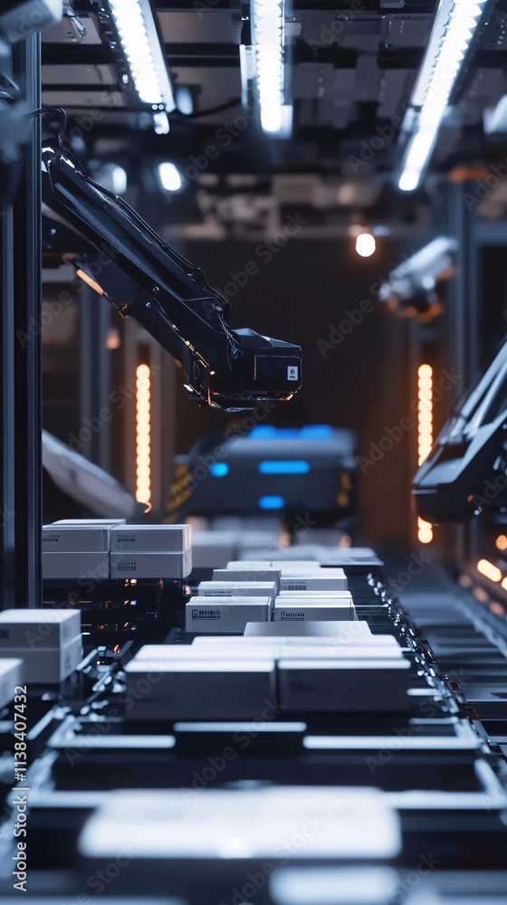 Poster a vertical shot of an automated logistics center showcasing robotic arms arranging packages with bri