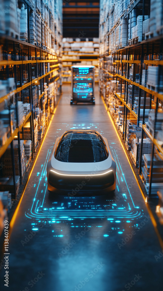 Poster a vertical shot of an ai-operated autonomous vehicle navigating through a modern warehouse filled wi
