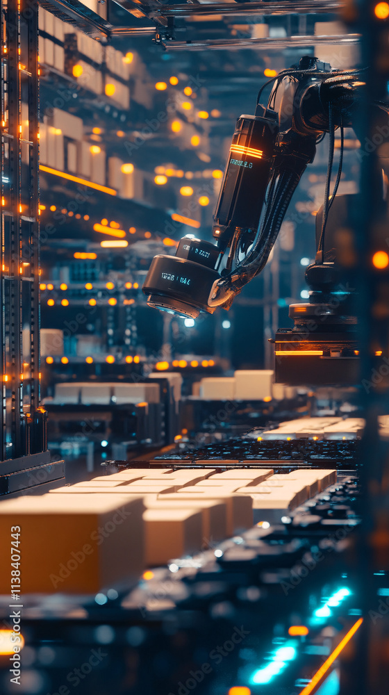 Poster a vertical shot of an automated logistics center featuring robotic arms sorting packages in a high-t