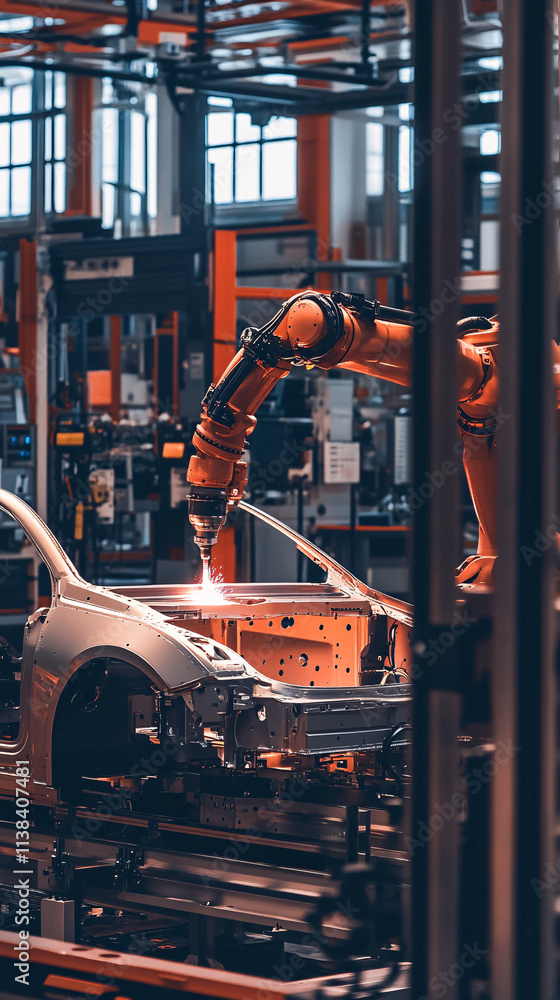 Poster a vertical view of an ai-guided robotic arm performing tasks in an industrial setting, highlighting 