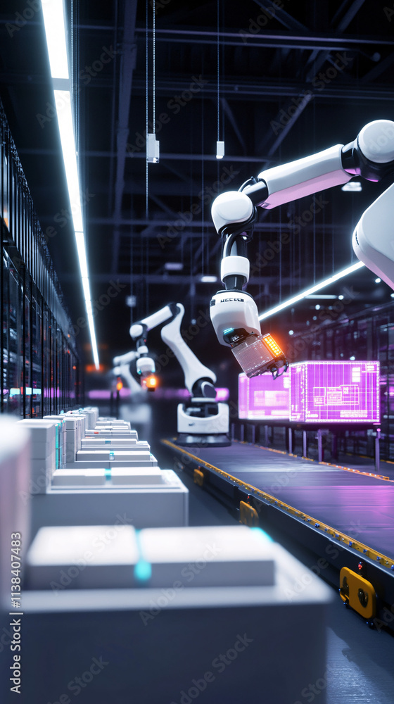 Poster a vertical shot of an automated logistics center showcasing robotic arms efficiently managing packag