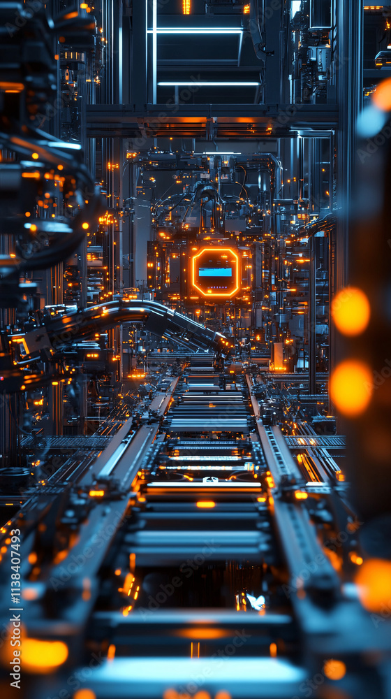 Poster a vertical view of an automated robotic system featuring intricate pathways, glowing orange accents,