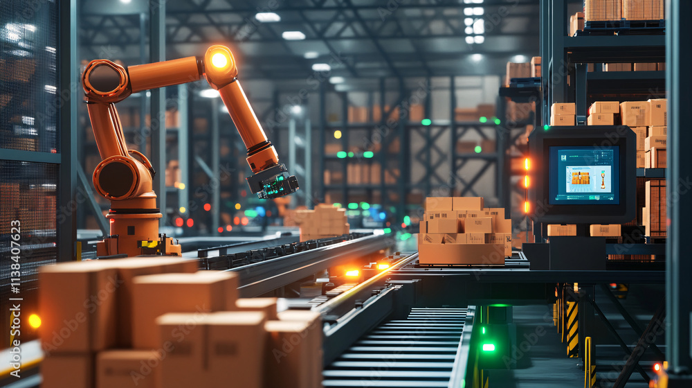 Poster a warehouse featuring advanced ai-enabled robotic arms efficiently sorting packages on a conveyor be