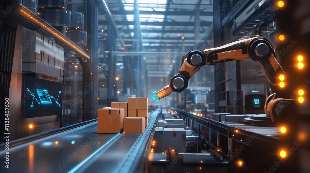 Poster a warehouse features advanced ai-enabled robotic arms efficiently sorting packages along a conveyor 