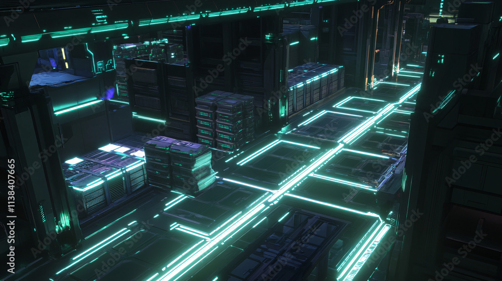 Poster a warehouse features fully automated stacking systems illuminated by neon lights, showcasing advance